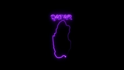 Neon Outline Map of Qatar with Glowing Text on Black Background image photo