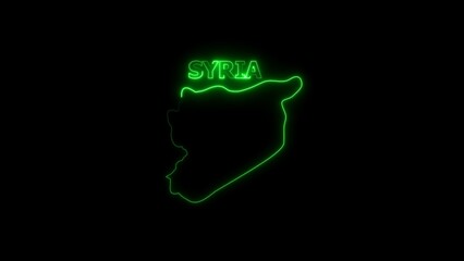 Neon outline map of Syria with glowing text on black background Middle East