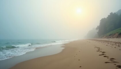 Obraz premium Beach shrouded in thick fog, only hints of sand, coastal, photography