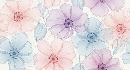 A delicate floral pattern featuring translucent flowers in pastel shades of pink blue and purple hues