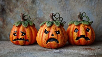 Fototapeta premium three handcrafted halloween pumpkins grumpy faces