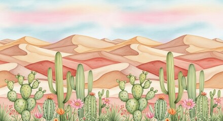 Watercolor painting of a desert landscape with cacti, sand dunes, and a pastel colored sky backdrop