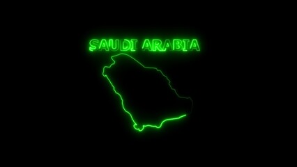 Saudi Arabia map outline with glowing green neon text on black background country Middle East