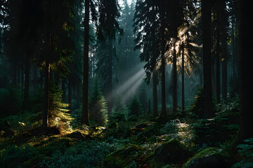 Obraz premium Sunlight Streaming Through Enchanted Forest with Lush Vegetation