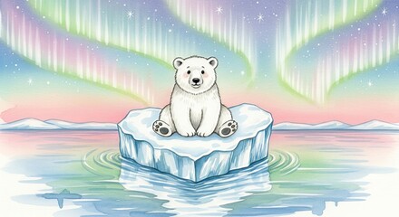 A cartoon polar bear sits on an ice floe with the northern lights aurora borealis in the background