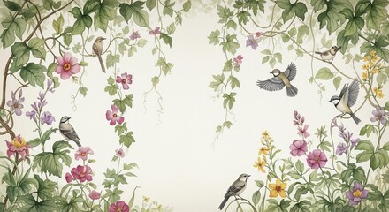 Watercolor painting showcasing birds perched among blooming flowers and lush green vines on a light background