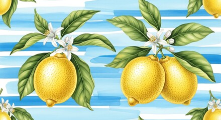 A seamless pattern featuring lemons with leaves and flowers on a blue and white striped background