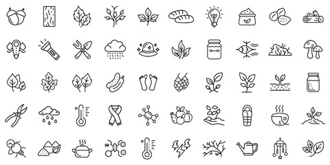 A collection of hand-drawn icons representing nature, food, and wellness in a minimalist style.