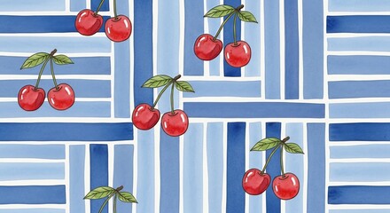 A repeating pattern of red cherries with green leaves on a blue and white striped background art
