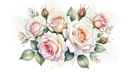 Watercolor illustration of a bouquet of roses with leaves and buds on a white background art design