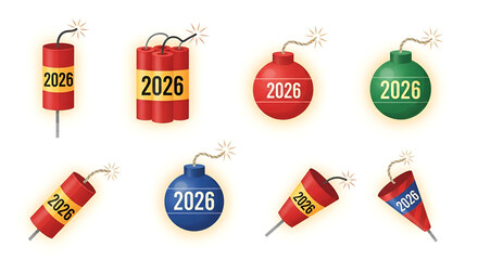 Set of 2026 New Year Firecracker, Dynamite, and Bomb Icons