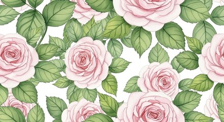 A seamless pattern featuring pink roses and green leaves on a white background in watercolor style