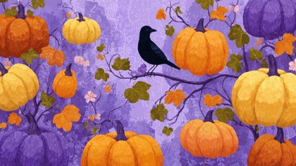halloween pumpkins crow purple background