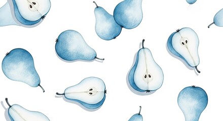 A seamless pattern of blue watercolor pears, some whole and some cut, on a white background surface