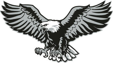 Obraz premium Powerful eagle illustration with outstretched wings, majestic bird of prey flying, strong wild animal mascot design, black and white graphic emblem