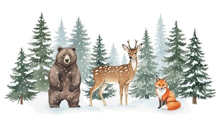 Watercolor illustration of a bear deer and fox in a snowy forest with pine trees on a white background