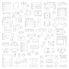 Top down view of furniture and room layouts in line art Keywords: furniture, top view, floor