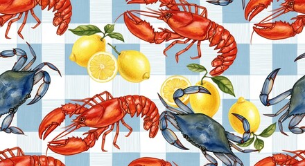 A seamless pattern featuring lobsters, crabs, and lemons on a blue and white checkered background