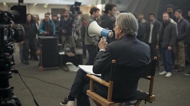 Experienced film director giving instructions with a megaphone to a diverse crew and cast on a bustling production set