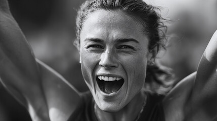 Triumphant athlete celebrates victory. Black and white portrait shows exhilaration, determination, strength. Use for motivation, success, fitness, or achievement.