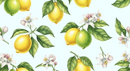 A seamless pattern of lemons and limes with leaves and flowers on a light blue background design art