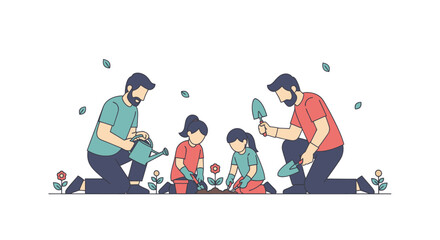 Fototapeta premium Two fathers and two children planting flowers in a garden together.
