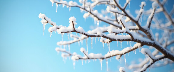 Snow-covered tree branches with icicles against clear blue sky  