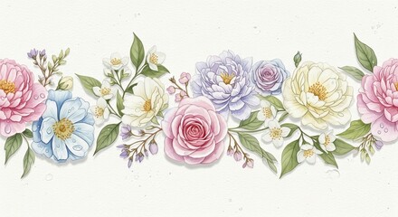 Watercolor floral arrangement featuring roses peonies and jasmine flowers in pastel colors on white