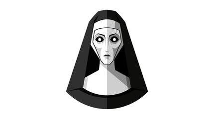 Stylized Illustration of a Frightening Nun with Wide Eyes.