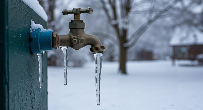 Frozen outdoor faucet with icicles in winter landscape  