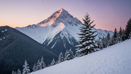 Snow-covered mountain peak at dusk with evergreen trees nearby  