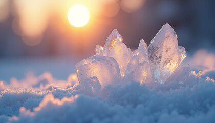 Ice crystals glistening in snow at sunset with warm light  