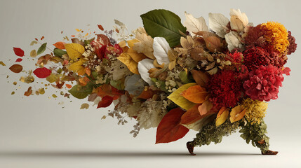 Autumn Leaves and Flowers Forming a Walking Human Silhouette on Neutral Background