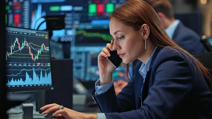 Dedicated Female Financial Advisor Discussing Investments While Monitoring Stock Market Trends on Multiple Screens - Powered by Adobe