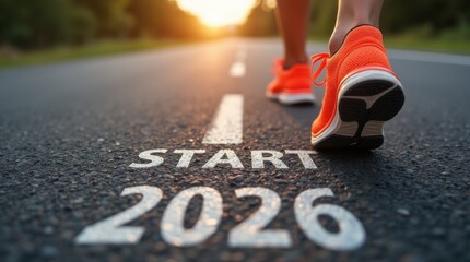 New year 2026 or start straight concept, word start 2026 written on the asphalt road and athlete woman running preparing for new year at sunset, goals and plans for the next year