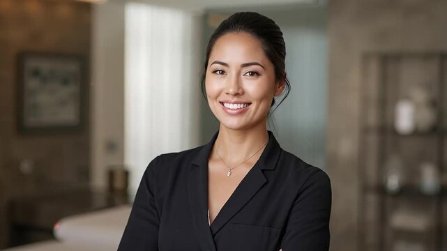 Smiling Asian Financial Advisor in Professional Attire, Confident Businesswoman Portrait in Modern Office