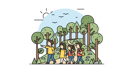 Group of Children Hiking on Forest Trail Sunny Day.