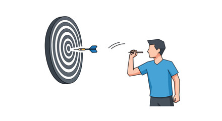 Man throwing a dart at a dartboard hitting the bullseye.