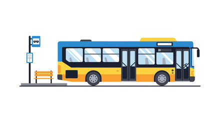 Yellow and Blue Public Transportation Bus at Bus Stop.