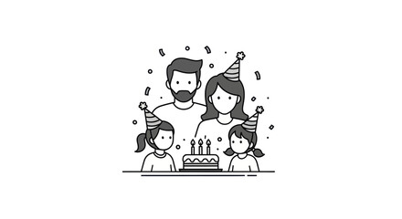 Happy Family Birthday Celebration with Cake and Party Hats Illustration.