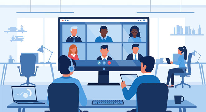 Hybrid Work & Digital Nomad Diverse Group Collaborating Remotely on a Video Conference Call