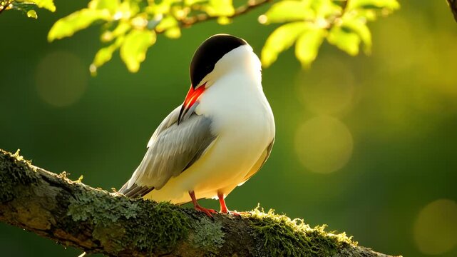Resting Common Tern Bird on Mossy Branch in Summer Sunlight