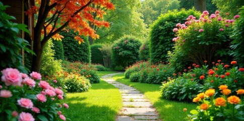 Lush home garden, vibrant flowering trees and shrubs, picturesque, idyllic