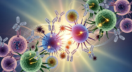 Immune system attacking cancer cells, illustration of the body's defense.