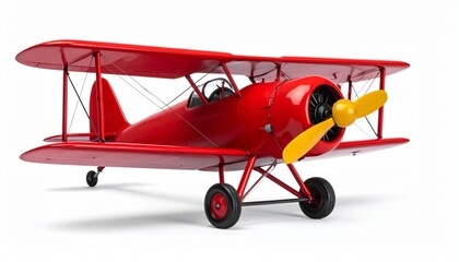 Red toy biplane with yellow propeller and black wheels on white background in vintage aviation style