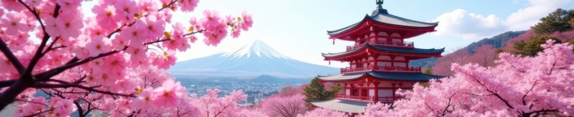 Fototapeta premium Pink sakura blossoms in full bloom frame Hokkekyo Temple pagoda, Chiba , buddhism, Hokkekyo Temple, vibrant