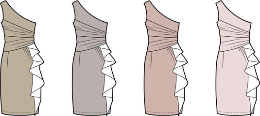 Fashion design template of a glamorous one-shoulder formal dress with a ruched bodice and cascading side ruffle, illustrated in a neutral color palette © Rakibul