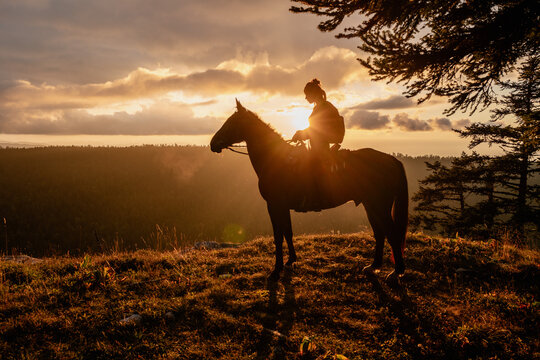 Silhouette of a Horse and Rider at Sunset in the Mountains