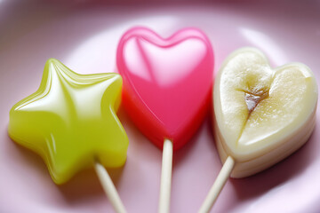 Playful kid's breakfast with fruit skewers shaped like stars and hearts. 