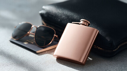 Sophisticated travel essentials passport, sunglasses, flask, and stylish black bag. Hints of adventure, elegance, and leisure. Perfect for lifestyle, travel, or luxury concepts.